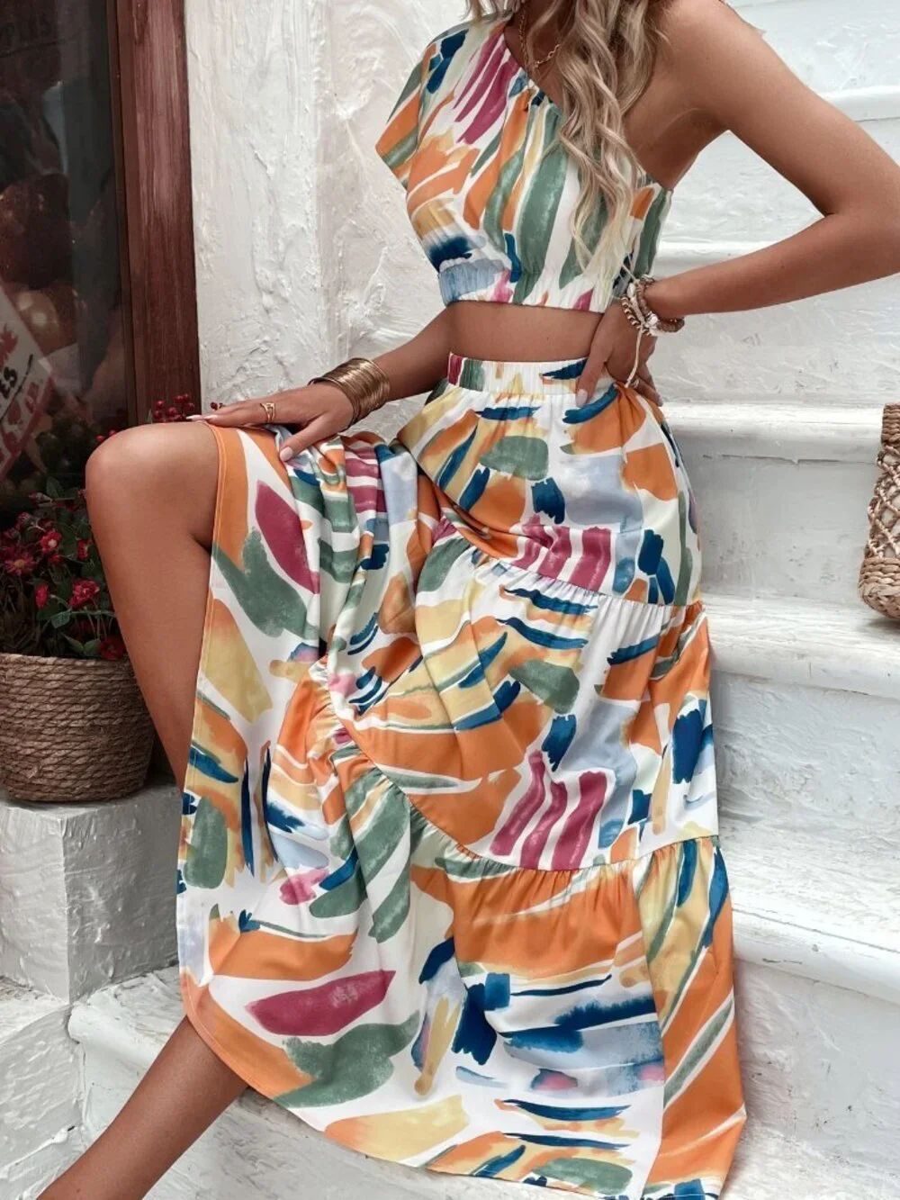 Multicolor Boho Women's Print Crop One Shoulder Blouse & Maxi Skirt